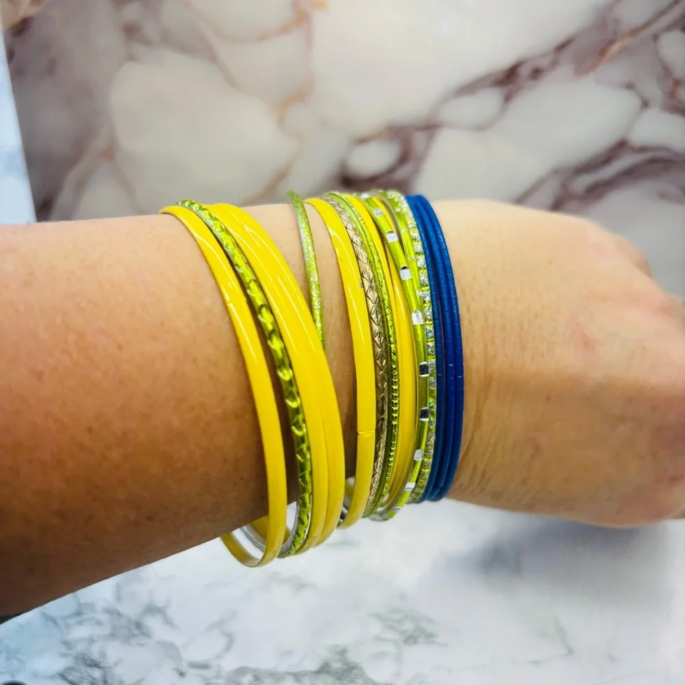 Bohemian Green Yellow and Blue Bangle Set of 16
